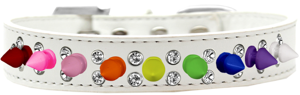 Double Crystal with Rainbow Spikes Dog Collar White Size 16